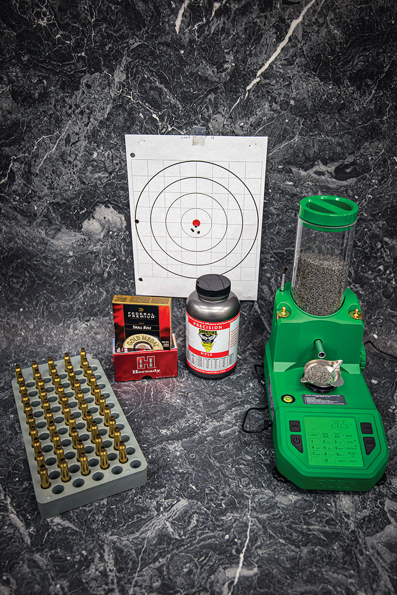 This is the load I settled on for varmint hunting using 26.5 grains of Shooters World Precision Rifle Powder and the Hornady 40-grain V-MAX, which assembled a five-shot group of .46 inch at 100 yards.